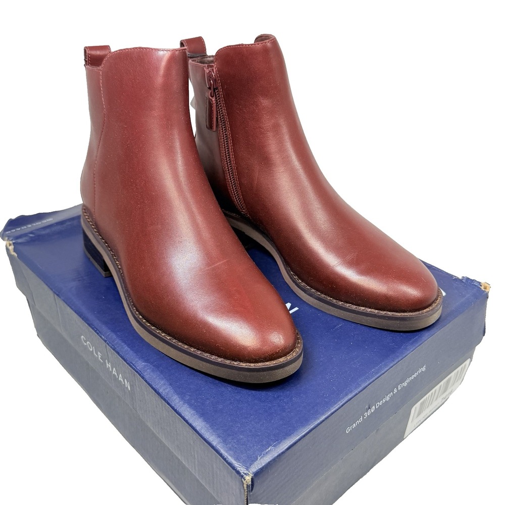 Cole Haan Grand OS Waterproof Leather Ankle Boots Womens 6B Burgundy Zip W27890